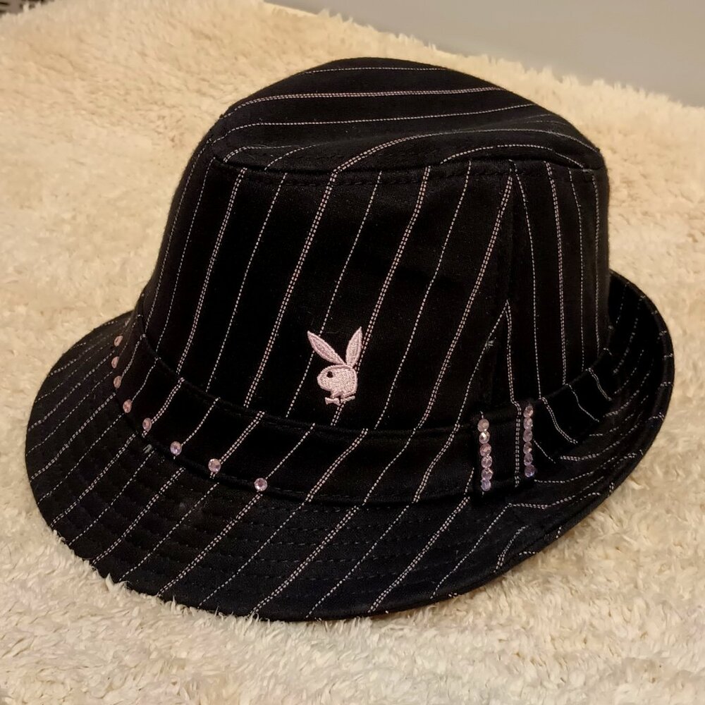 EUC~ Playboy Vintage Y2K Black Fedora Hat Pink-Pinstripes & Rhinestones Sz: L/XL